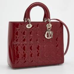 Pre Owned Dior Red Cannage Patent Leather Large Lady Dior Tote
