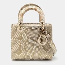 Pre Owned Dior Metallic Gold Python Small Lady Dior Tote