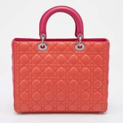 Pre Owned Dior Orange/Pink Cannage Leather Large Lady Dior Tote