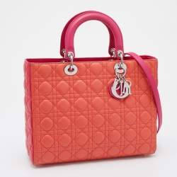 Pre Owned Dior Orange/Pink Cannage Leather Large Lady Dior Tote