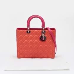 Pre Owned Dior Orange/Pink Cannage Leather Large Lady Dior Tote