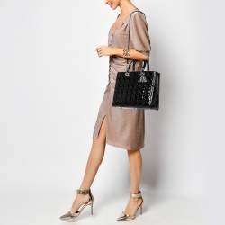 Pre Owned Dior Black Cannage Patent Leather Large Lady Dior Tote