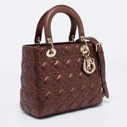 Pre Owned Dior Metallic Brown Cannage Leather Medium Lady Dior Tote
