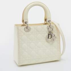 Pre Owned Dior Cream Cannage Patent Leather Medium Lady Dior Tote 