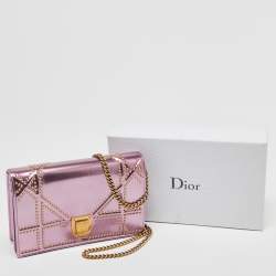 Pre Owned Dior Pink Patent Leather Diorama Studded Wallet on Chain 