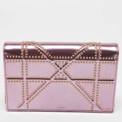 Pre Owned Dior Pink Patent Leather Diorama Studded Wallet on Chain 