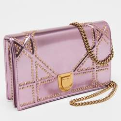 Pre Owned Dior Pink Patent Leather Diorama Studded Wallet on Chain 