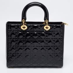 Pre Owned Dior Black Cannage Patent Leather Large Lady Dior Tote