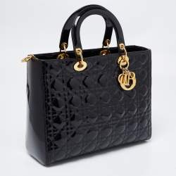 Pre Owned Dior Black Cannage Patent Leather Large Lady Dior Tote