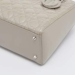 Pre Owned Dior Light Grey Cannage Patent Leather Medium Lady Dior Tote