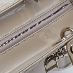 Pre Owned Dior Light Grey Cannage Patent Leather Medium Lady Dior Tote