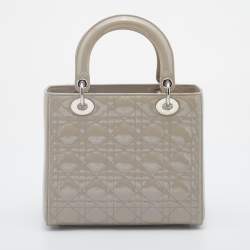 Pre Owned Dior Light Grey Cannage Patent Leather Medium Lady Dior Tote