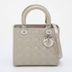 Pre Owned Dior Light Grey Cannage Patent Leather Medium Lady Dior Tote