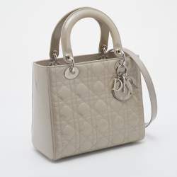 Pre Owned Dior Light Grey Cannage Patent Leather Medium Lady Dior Tote