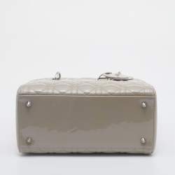 Pre Owned Dior Light Grey Cannage Patent Leather Medium Lady Dior Tote