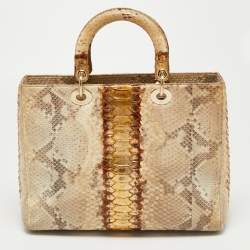 Pre Owned Dior Beige/Gold Python Large Lady Dior Tote