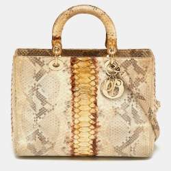 Pre Owned Dior Beige/Gold Python Large Lady Dior Tote