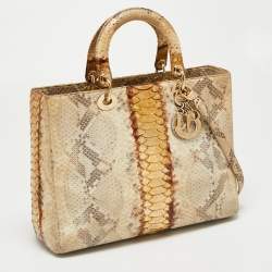 Pre Owned Dior Beige/Gold Python Large Lady Dior Tote