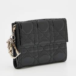 Pre Owned Dior Black Cannage Patent Leather Lady Dior Compact Wallet