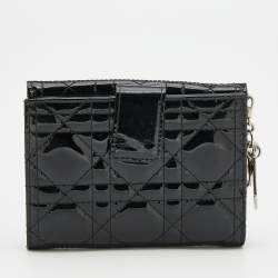 Pre Owned Dior Black Cannage Patent Leather Lady Dior Compact Wallet