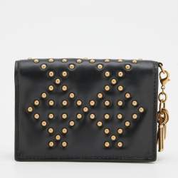 Pre Owned Dior Black Leather Studded Lady Dior Flap Card Holder