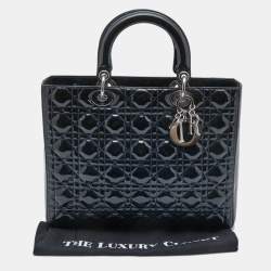 Pre Owned Dior Navy Blue Cannage Patent Leather Large Lady Dior Tote