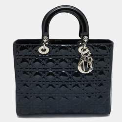 Pre Owned Dior Navy Blue Cannage Patent Leather Large Lady Dior Tote