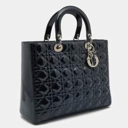 Pre Owned Dior Navy Blue Cannage Patent Leather Large Lady Dior Tote