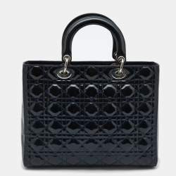 Pre Owned Dior Navy Blue Cannage Patent Leather Large Lady Dior Tote