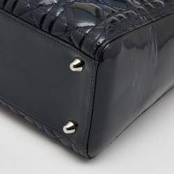 Pre Owned Dior Navy Blue Cannage Patent Leather Large Lady Dior Tote