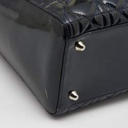 Pre Owned Dior Navy Blue Cannage Patent Leather Large Lady Dior Tote