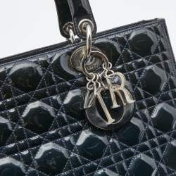 Pre Owned Dior Navy Blue Cannage Patent Leather Large Lady Dior Tote