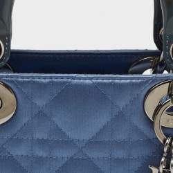 Pre Owned Dior Blue Cannage Satin and Patent Leather Mini Lady Dior Tote