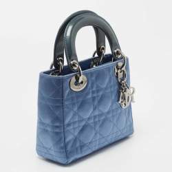 Pre Owned Dior Blue Cannage Satin and Patent Leather Mini Lady Dior Tote