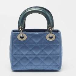 Pre Owned Dior Blue Cannage Satin and Patent Leather Mini Lady Dior Tote