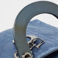 Pre Owned Dior Blue Cannage Satin and Patent Leather Mini Lady Dior Tote