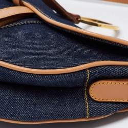Pre Owned Dior Blue/Beige Denim and Leather Saddle Bag