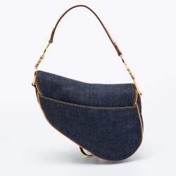 Pre Owned Dior Blue/Beige Denim and Leather Saddle Bag