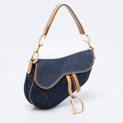 Pre Owned Dior Blue/Beige Denim and Leather Saddle Bag