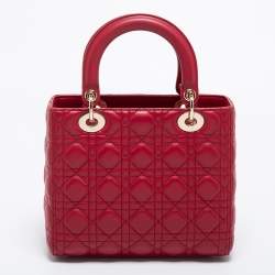 Pre Owned Dior Red Cannage Leather Medium Lady Dior Tote