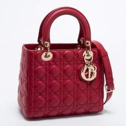 Pre Owned Dior Red Cannage Leather Medium Lady Dior Tote