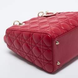 Pre Owned Dior Red Cannage Leather Medium Lady Dior Tote