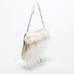 Pre Owned Dior White Satin and Feather Crystal Embellished Logo Mini Saddle Bag