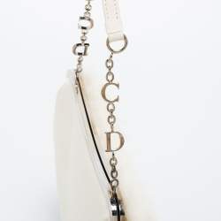 Pre Owned Dior White Satin and Feather Crystal Embellished Logo Mini Saddle Bag