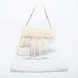 Pre Owned Dior White Satin and Feather Crystal Embellished Logo Mini Saddle Bag