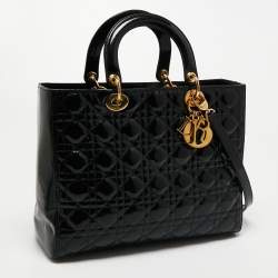 Pre Owned Dior Black Cannage Patent Leather Large Lady Dior Tote
