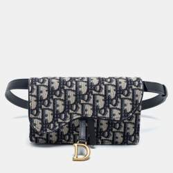 Pre Owned Dior Navy Blue Oblique Canvas and Leather Saddle Belt Bag