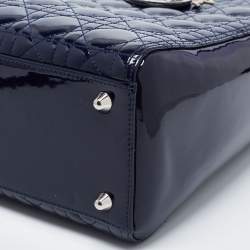 Pre Owned Dior Navy Blue Cannage Patent Leather Large Lady Dior Tote
