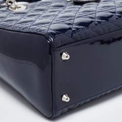 Pre Owned Dior Navy Blue Cannage Patent Leather Large Lady Dior Tote