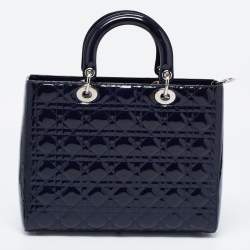 Pre Owned Dior Navy Blue Cannage Patent Leather Large Lady Dior Tote